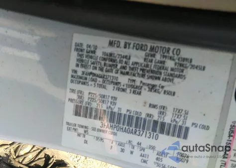 2010 Ford Fusion Se z USA, uszkodzony, nr VIN 3FAHP0HA0AR371310